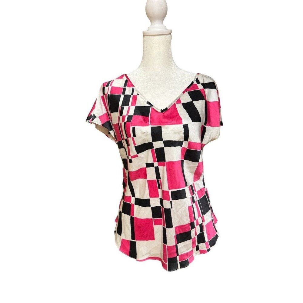 Nine West 100% Silk Blouse S Pink Black Geometric V-Neck Lightweight Top